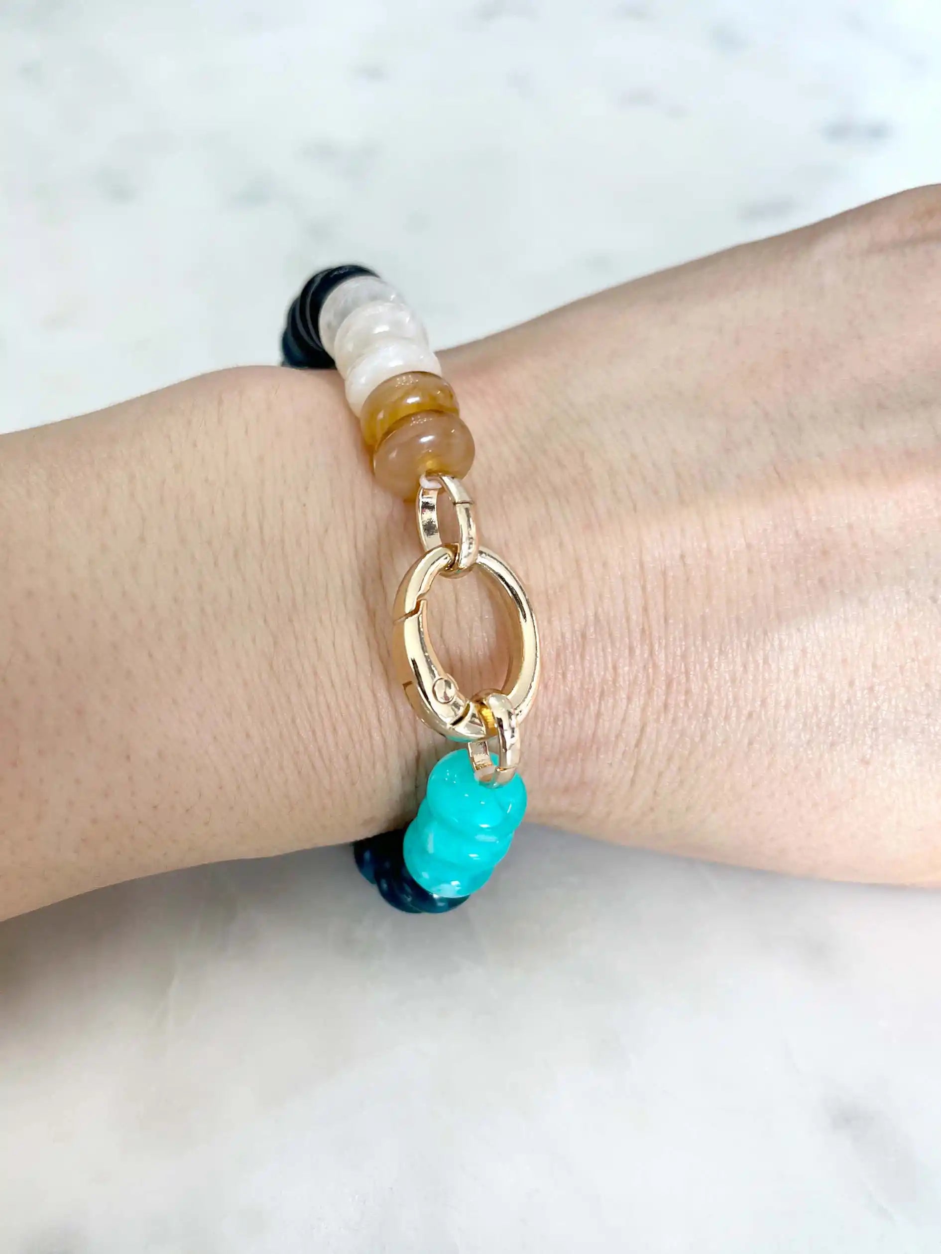Multicolor Beaded Elastic Bracelet with Carabiner Clasp