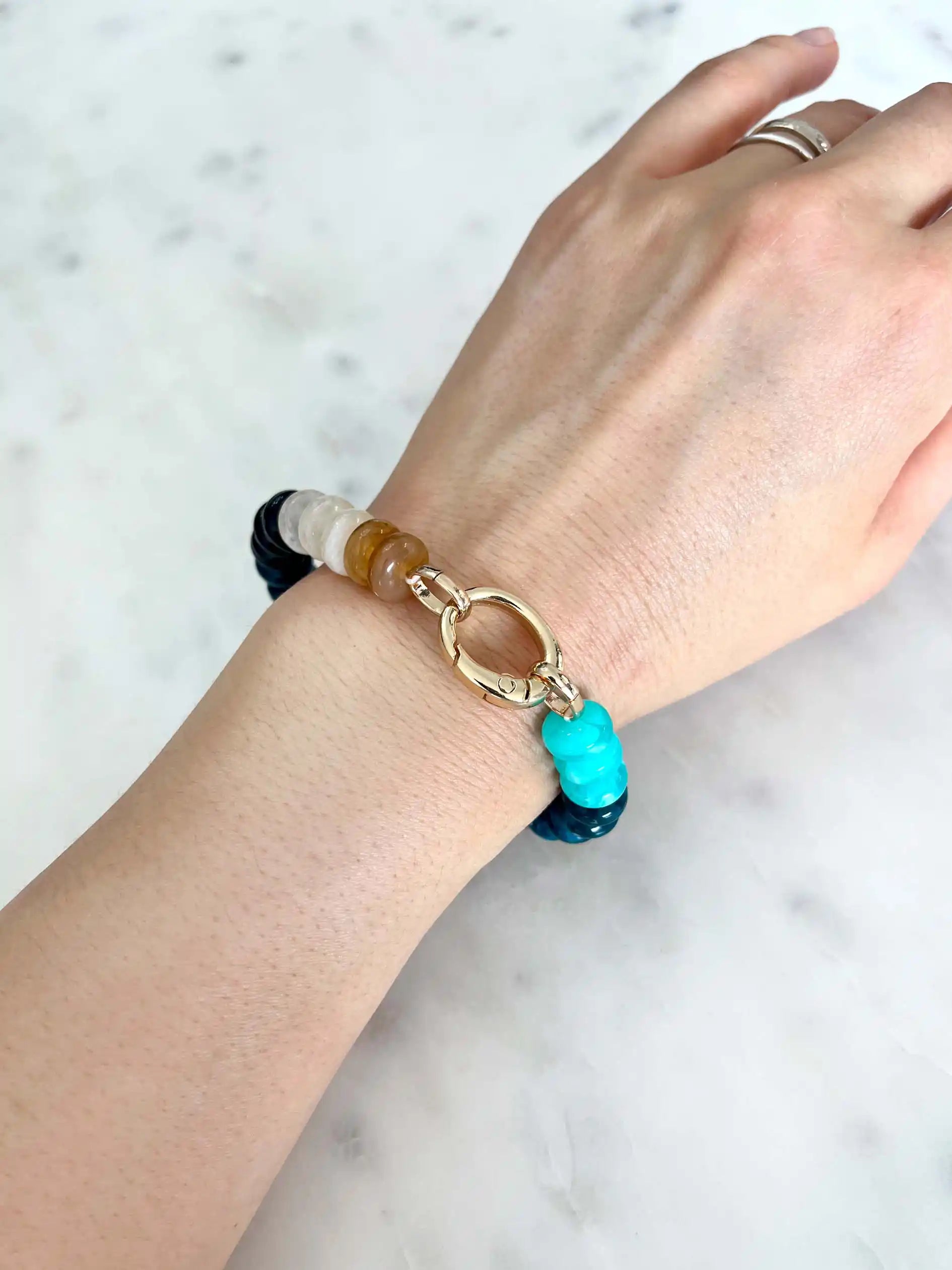 Multicolor Beaded Elastic Bracelet with Carabiner Clasp