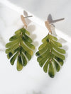 Olive green resin leaf-shaped earrings on a white background