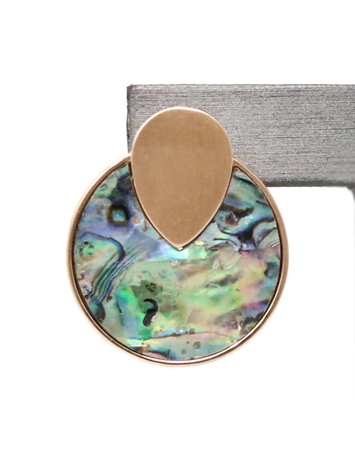 Gold-tone round disc stud earrings with colorful iridescent abalone shell inlay in blue, green, and pink by Bauble Sky