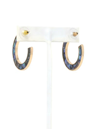 Natural abalone shell hoop earrings with iridescent blue, green, purple and black tones on gold hoops.
