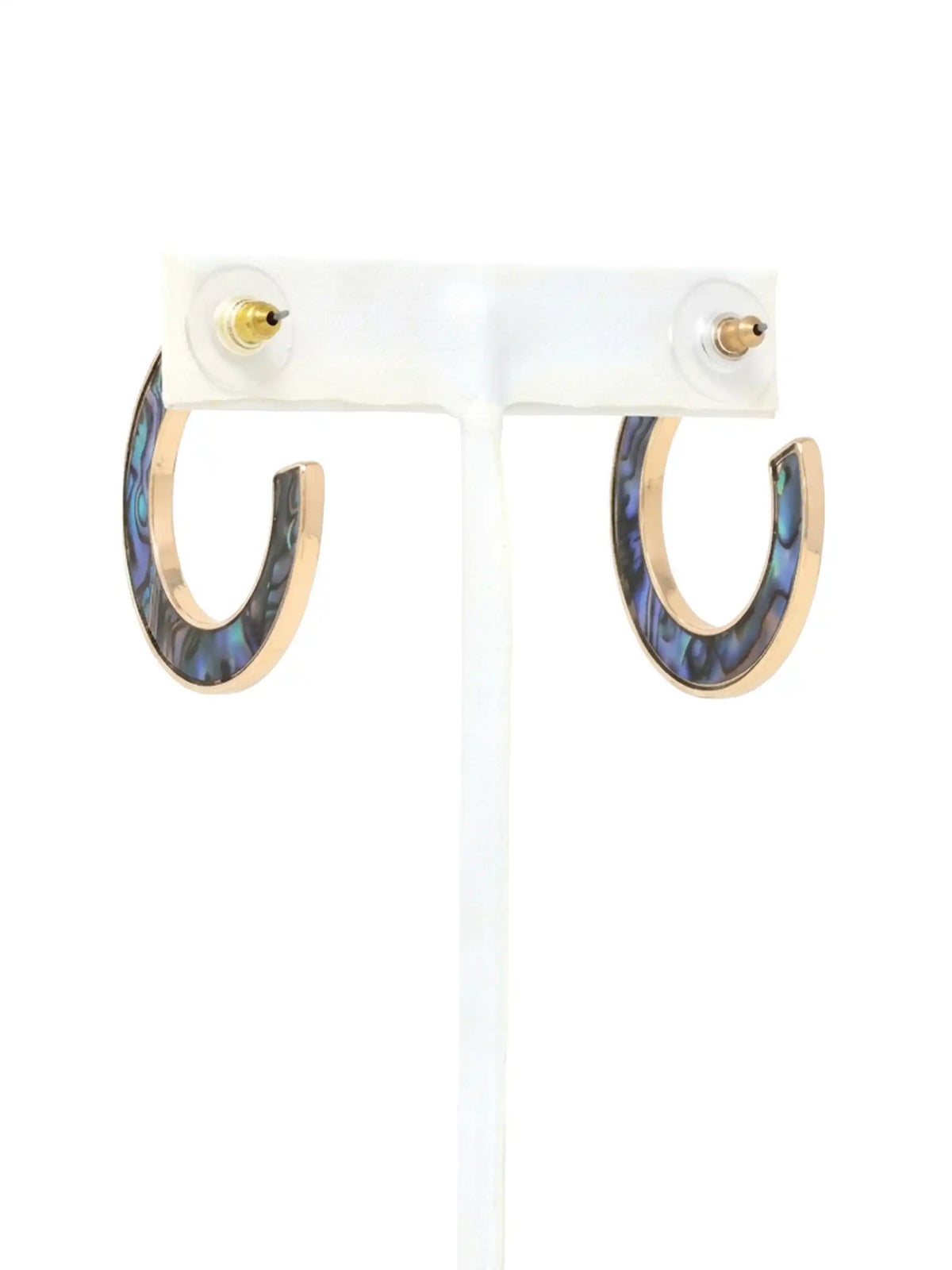 Natural abalone shell hoop earrings with iridescent blue, green, purple and black tones on gold hoops.