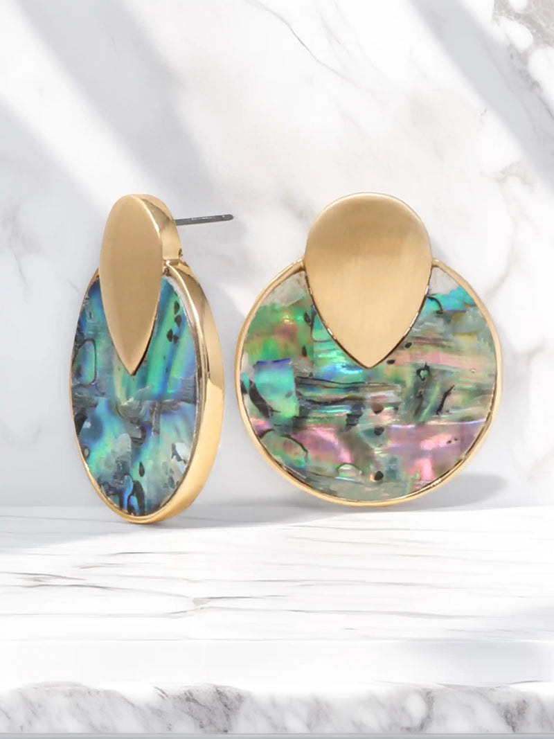 Gold-tone round disc stud earrings with colorful iridescent abalone shell inlay in blue, green, and pink by Bauble Sky