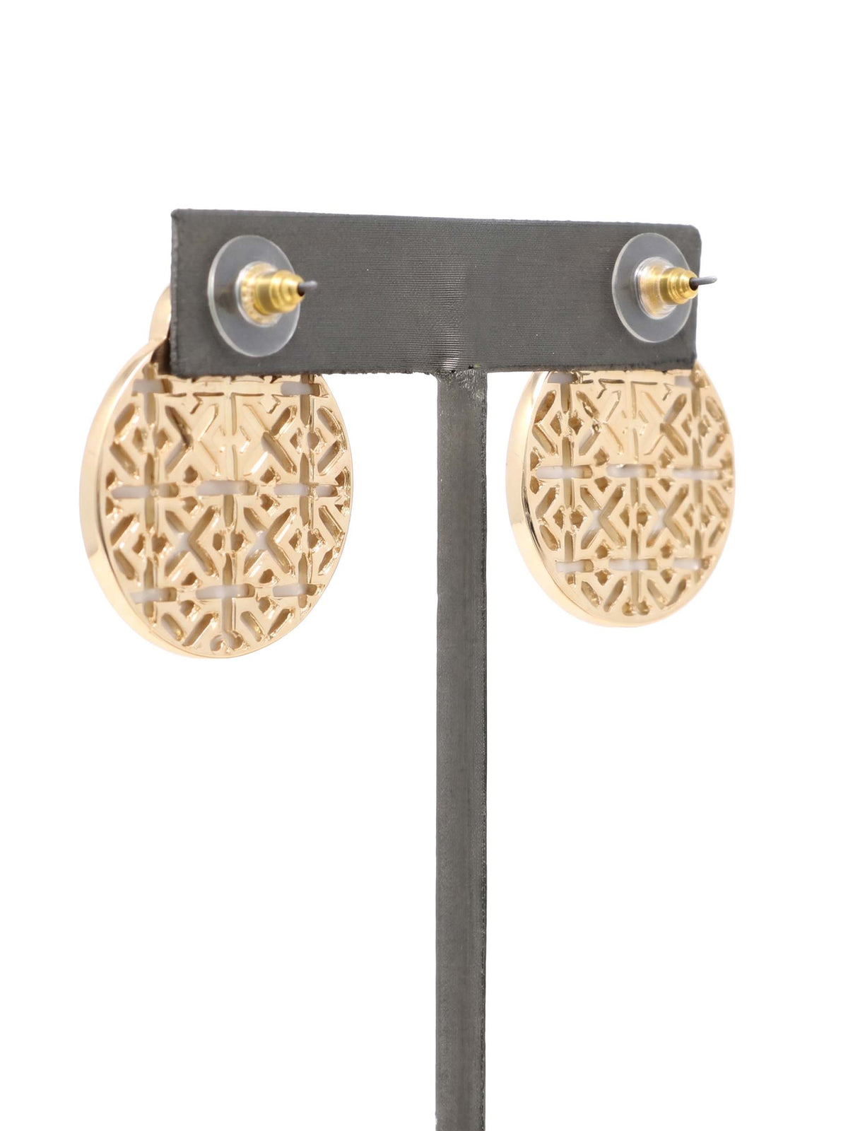 Back view of gold-tone oval filigree stud earrings featuring an intricate geometric openwork design and gold-tone post backs by Bauble Sky