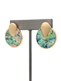 Gold-tone round disc stud earrings with colorful iridescent abalone shell inlay in blue, green, and pink by Bauble Sky