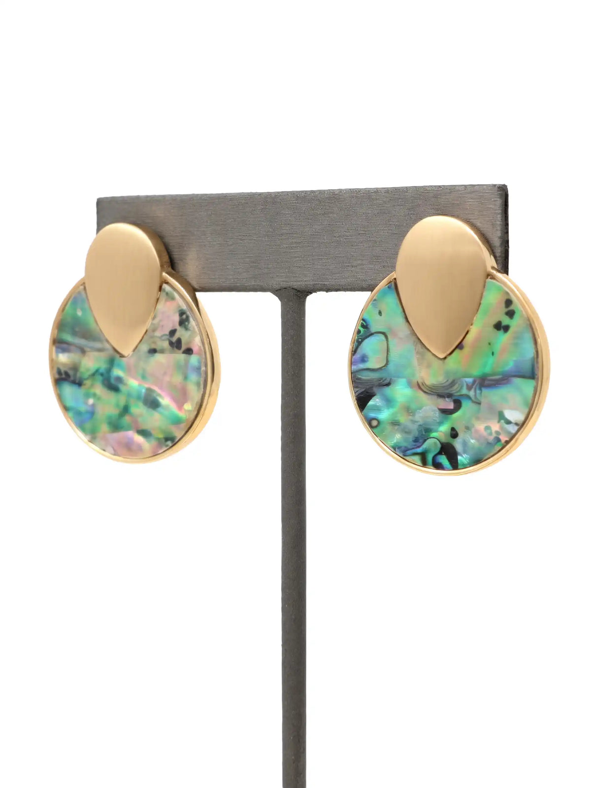 Gold-tone round disc stud earrings with colorful iridescent abalone shell inlay in blue, green, and pink by Bauble Sky