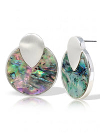Silver-tone round disc stud earrings with colorful iridescent abalone shell inlay in blue, green, and pink by Bauble Sky