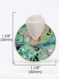Silver-tone round disc stud earrings with colorful iridescent abalone shell inlay in blue, green, and pink by Bauble Sky
