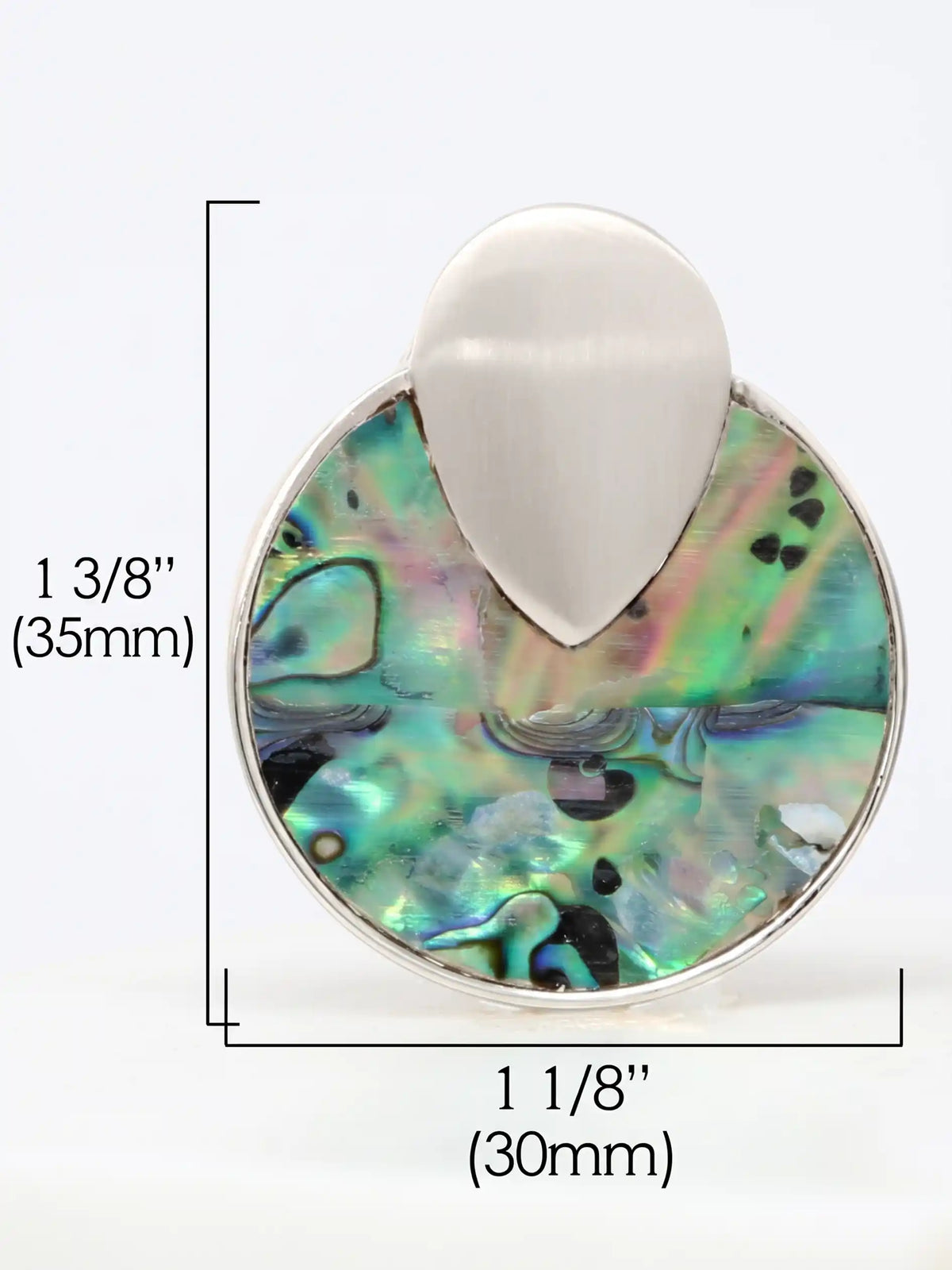 Silver-tone round disc stud earrings with colorful iridescent abalone shell inlay in blue, green, and pink by Bauble Sky