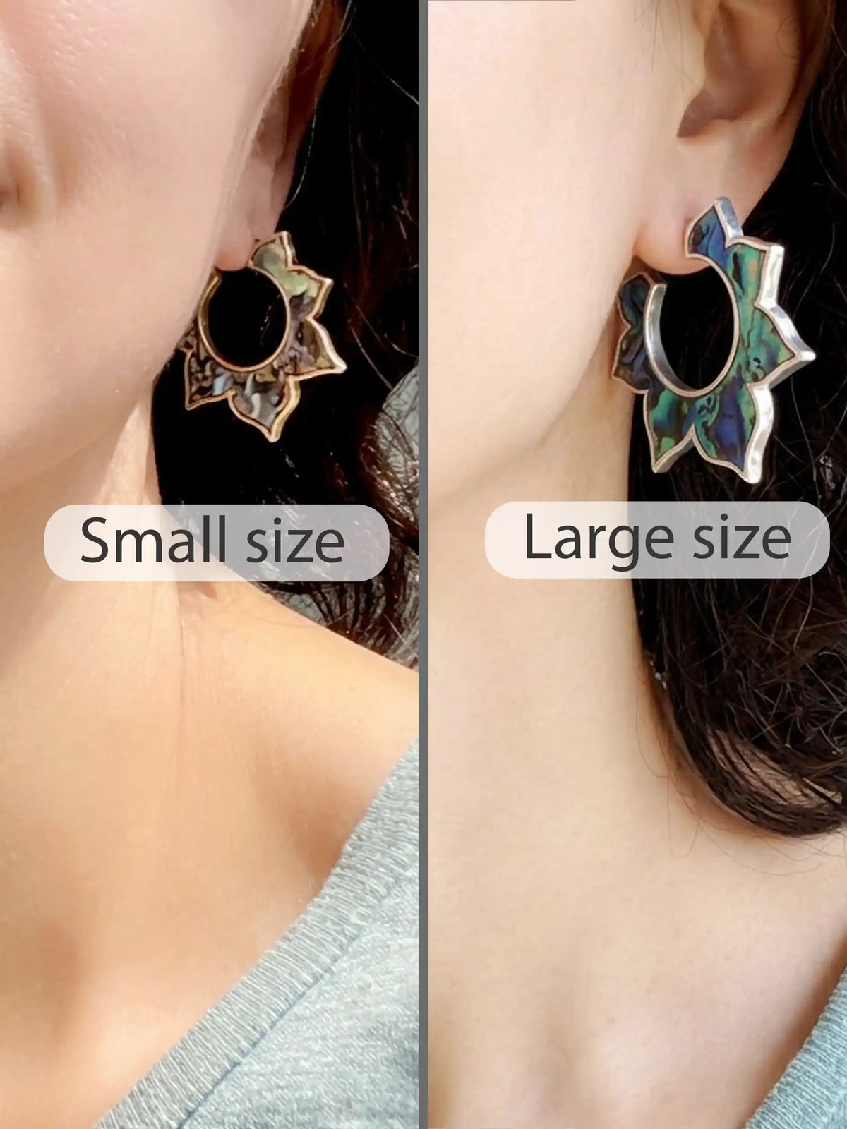 A split-screen comparison showing two sizes of a flower-shaped hoop earring worn on a model's ear. The left side is labeled 'Small size' and shows a smaller earring.