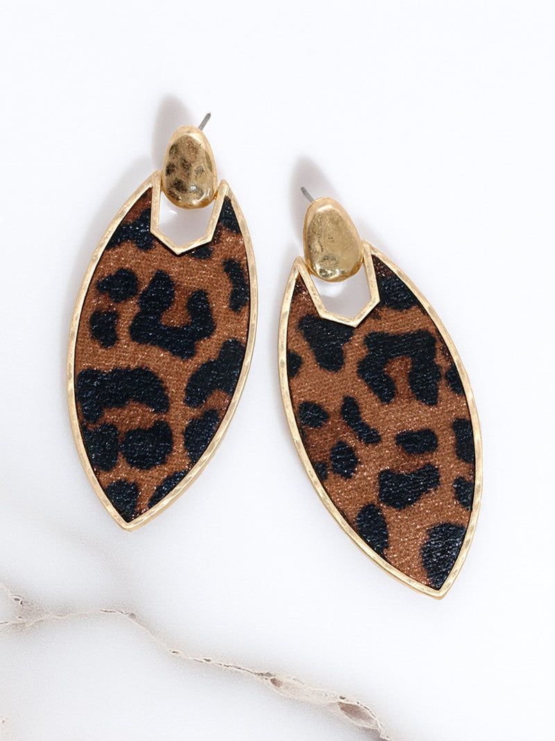 Leopard print earrings with gold accents on a white background.