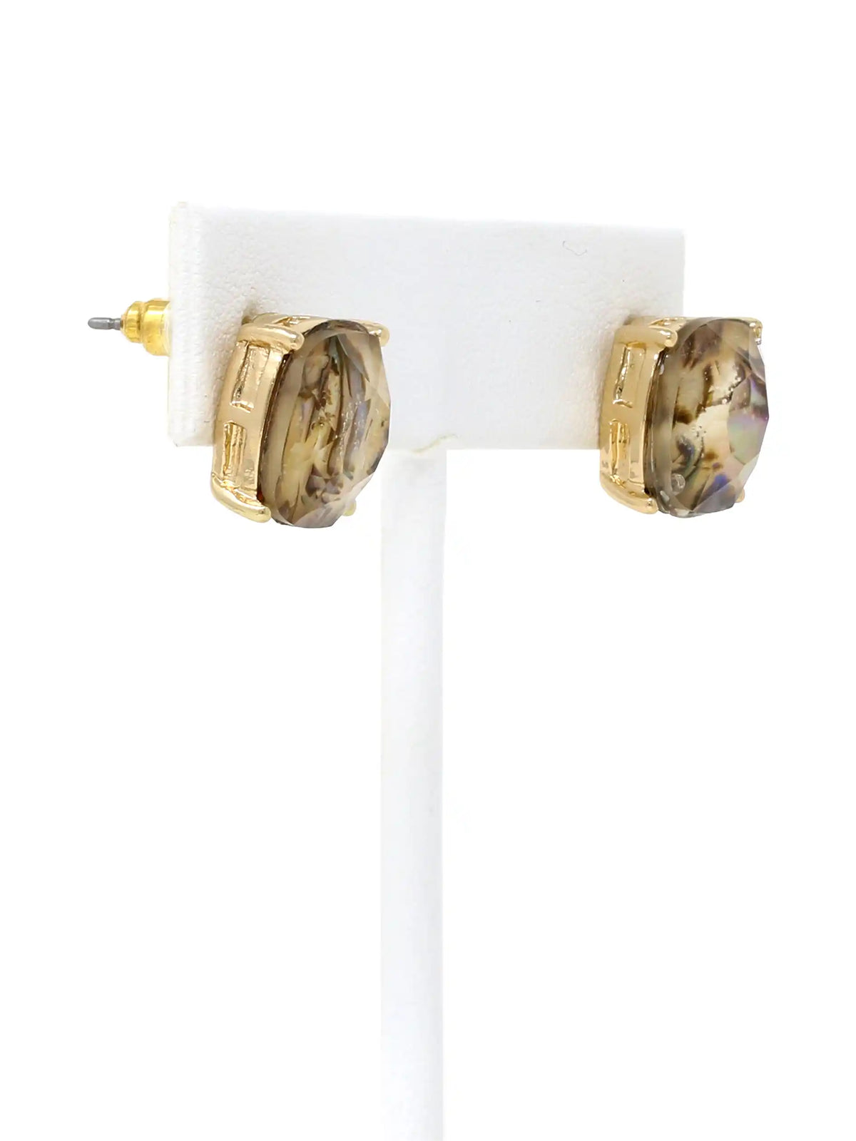 Natural abalone shell stud earrings with iridescent colors and faceted clear stones, available in gold.