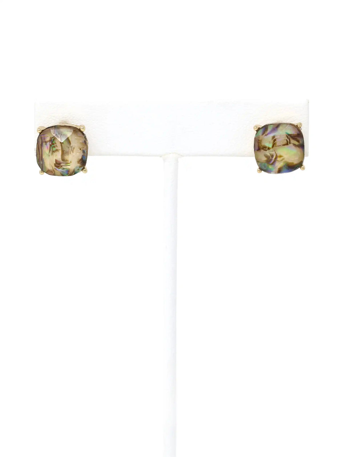 Natural abalone shell stud earrings with iridescent colors and faceted clear stones, available in gold.