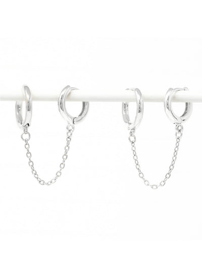 Silver hoop earrings with chain extensions on a white background