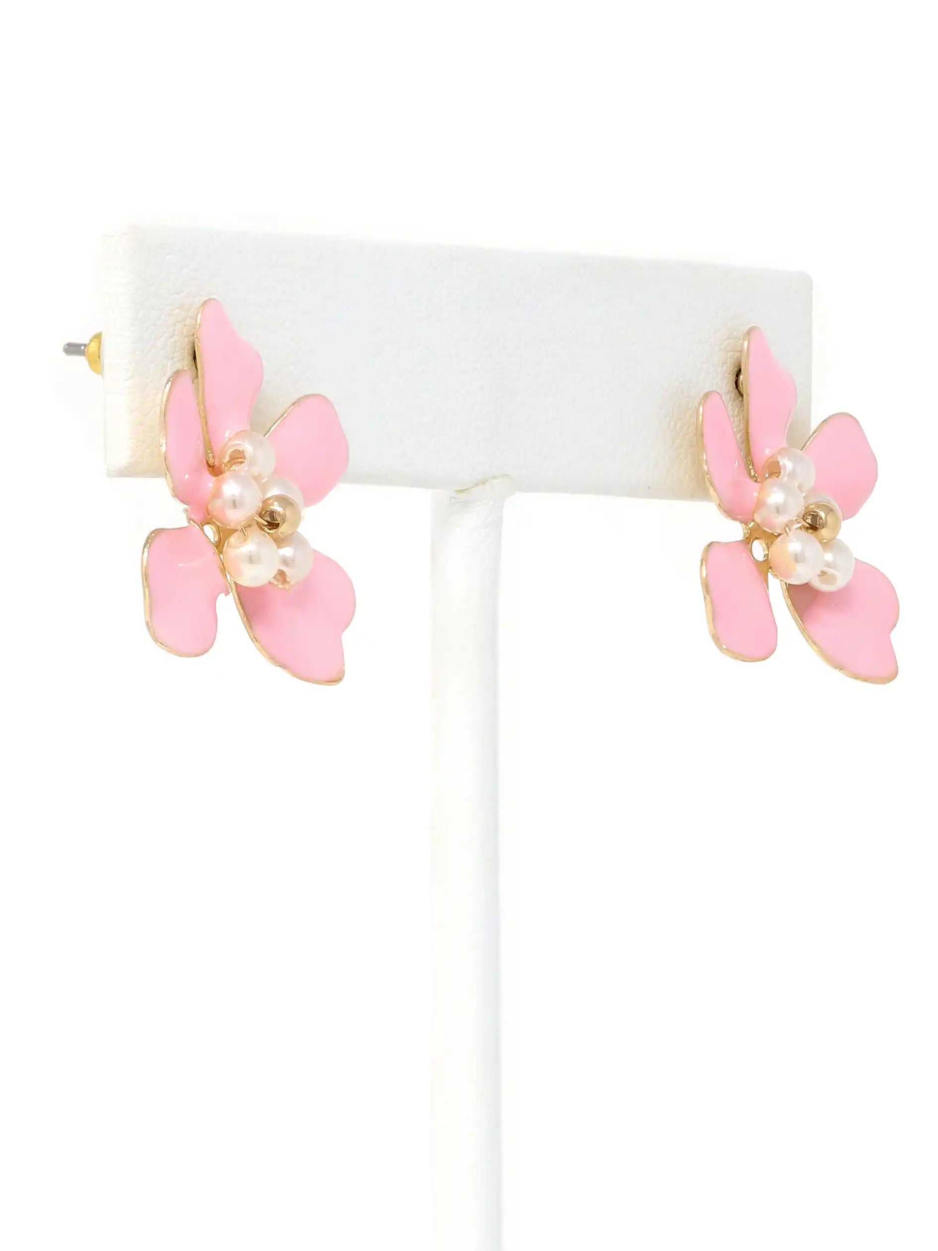 Enamel Floral Stud Earrings with Pearl Accents