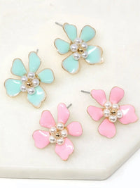 Enamel Floral Stud Earrings with Pearl Accents