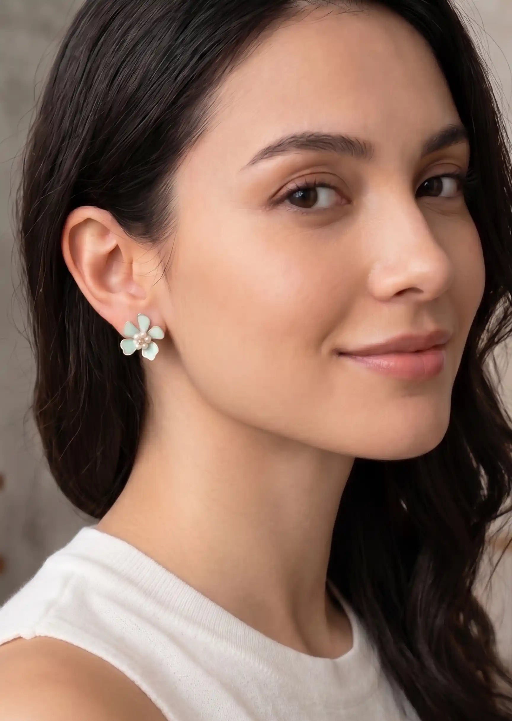 Enamel Floral Stud Earrings with Pearl Accents