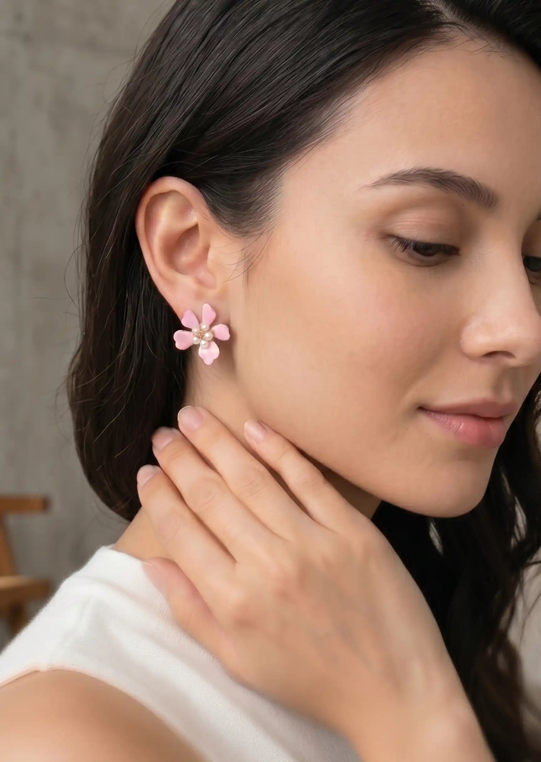 Enamel Floral Stud Earrings with Pearl Accents