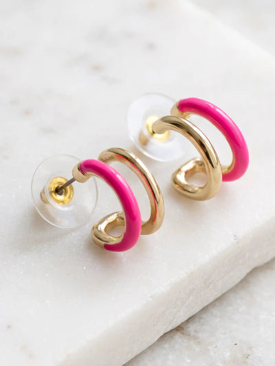 Gold-plated double hoop earrings with vibrant neon-colored accents in neon pink featuring a modern 15mm design.