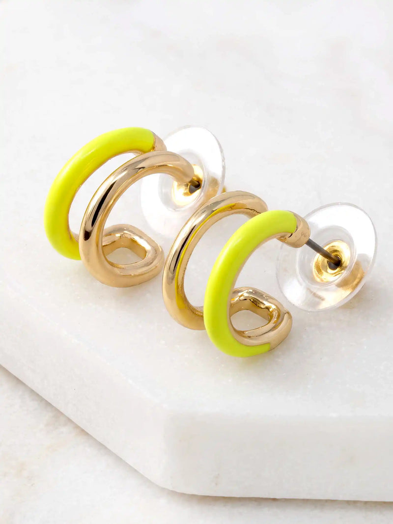 Gold-plated double hoop earrings with vibrant neon-colored accents in neon yellow featuring a modern 15mm design.