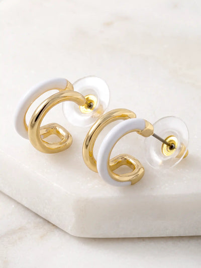 Gold-plated double hoop earrings with vibrant white accents featuring a modern 15mm design.