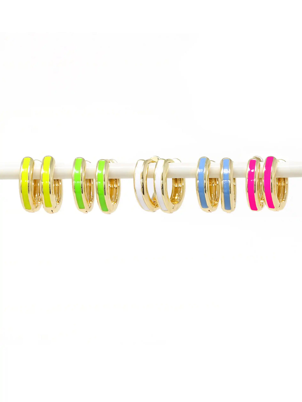Five pairs of 15mm gold-plated huggie hoop earrings with a vibrant neon yellow, geen, pink, white, and tranquil blue epoxy color accent on one side.