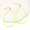 A pair of lightweight teardrop-shaped metal statement earrings, coated in a neon yellow hue to catch the eye.