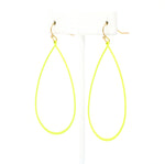 A pair of lightweight teardrop-shaped metal statement earrings, coated in a neon yellow hue to catch the eye.