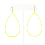 A pair of lightweight teardrop-shaped metal statement earrings, coated in a neon yellow hue to catch the eye.