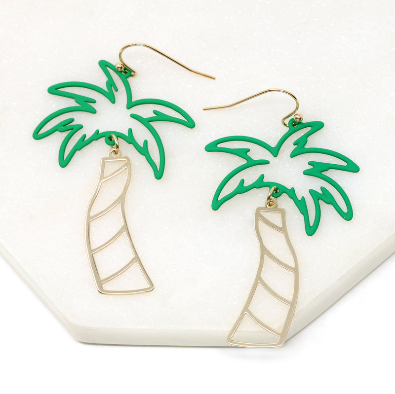 A pair of chic tropical palm tree earrings with dangling design, showcasing green epoxy-coated tops resembling tropical leaves.