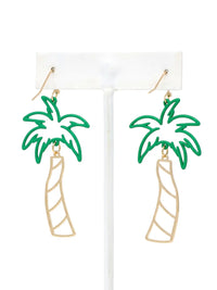 A pair of cutout palm tree drop earrings featuring bright green palm leaves and a gold-tone trunk, dangling from gold hook backings.