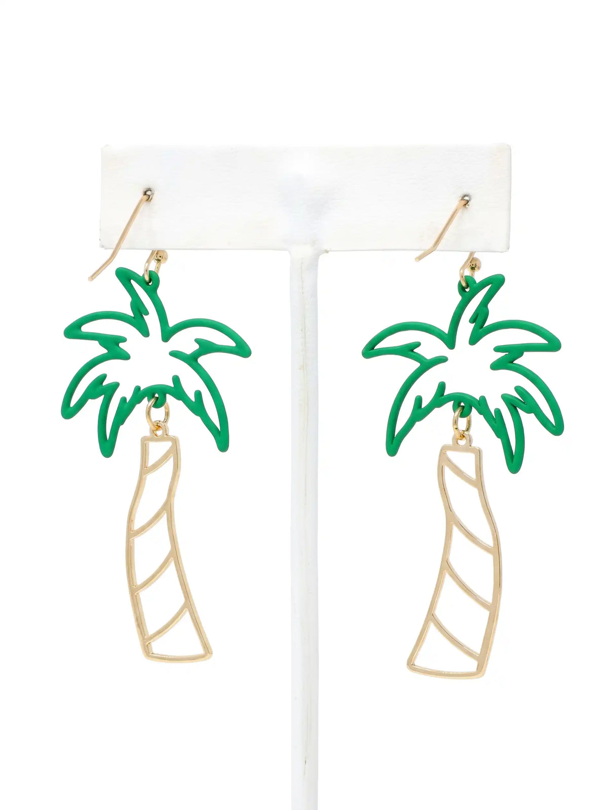 A pair of cutout palm tree drop earrings featuring bright green palm leaves and a gold-tone trunk, dangling from gold hook backings.