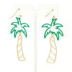 A pair of chic tropical palm tree earrings with dangling design, showcasing green epoxy-coated tops resembling tropical leaves.