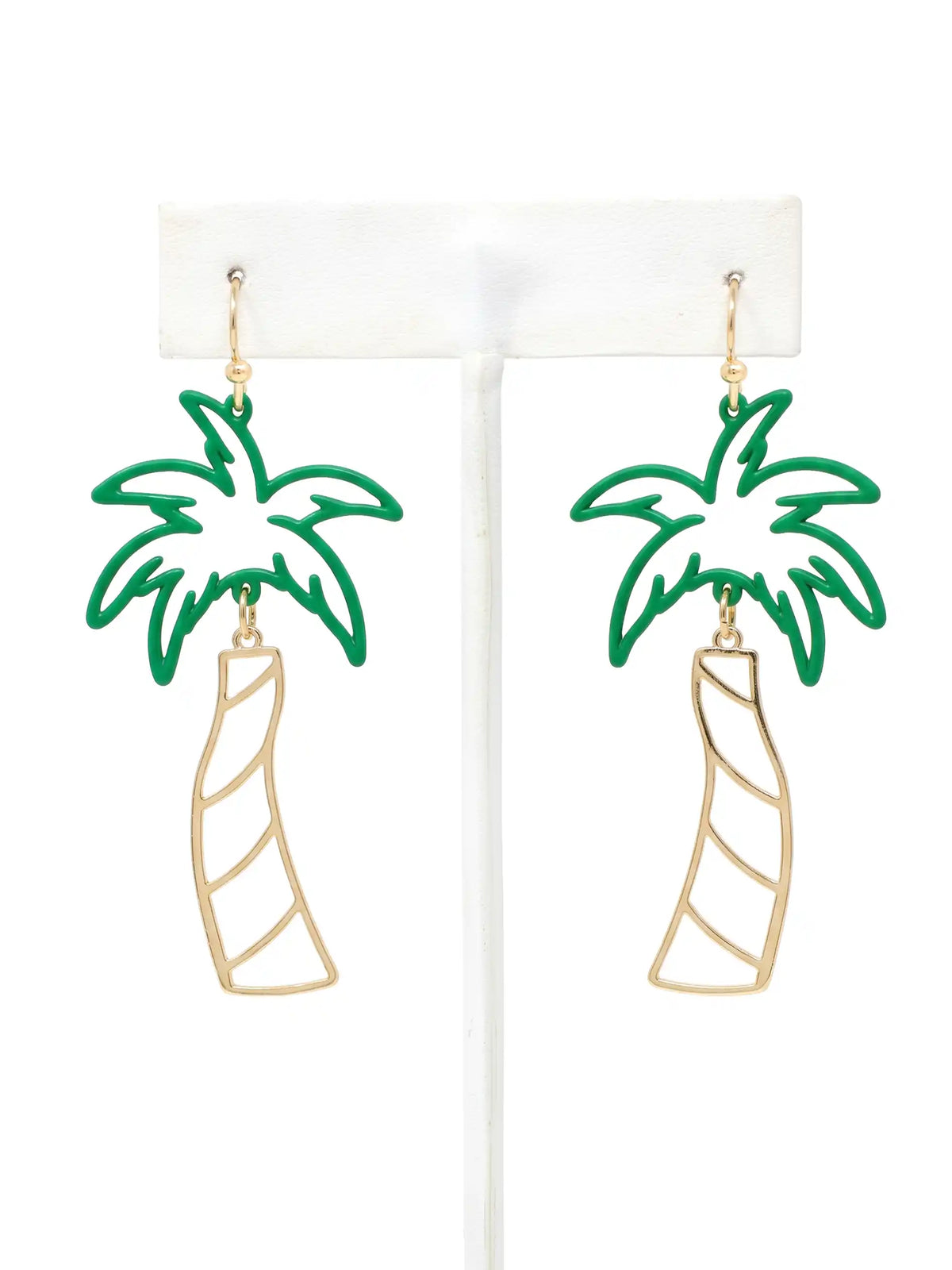 A pair of cutout palm tree drop earrings featuring bright green palm leaves and a gold-tone trunk, dangling from gold hook backings.