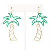 A pair of chic tropical palm tree earrings with dangling design, showcasing green epoxy-coated tops resembling tropical leaves.