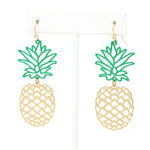 A pair of chic pineapple earrings with dangling design, showcasing green epoxy-coated tops resembling tropical leaves.