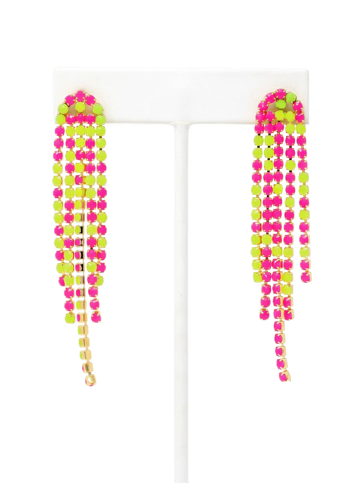 A pair of long, colorful neon shoulder duster earrings featuring multiple vibrant segments, such as bright pink, orange, yellow, and green. The colorful elements dangle elegantly from simple gold hooks. The earrings are typically displayed in a high-resolution close-up shot, possibly on a minimalist geometric stand or worn by a model to showcase their dramatic length and scale against a clean, neutral background.