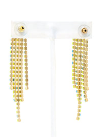 Overhead shot of a pair of long, cascading duster earrings featuring tiered strands of vibrant neon yellow-green and bright turquoise-blue faceted beads set in gold-tone metal.