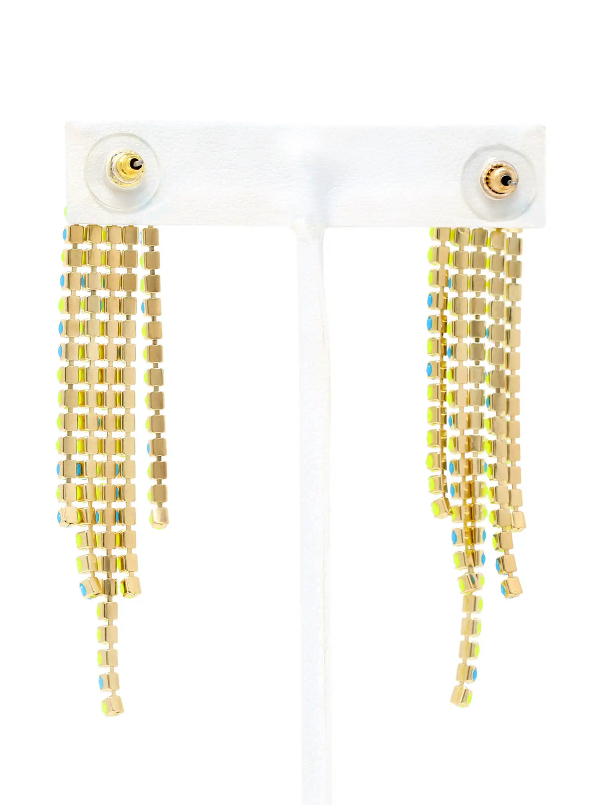 Overhead shot of a pair of long, cascading duster earrings featuring tiered strands of vibrant neon yellow-green and bright turquoise-blue faceted beads set in gold-tone metal.