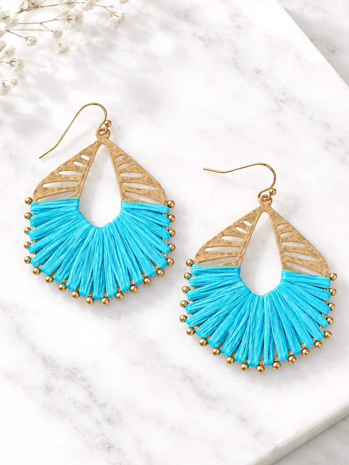 Turquoise raffia hexagon drop earrings with gold-tone textured metal frame