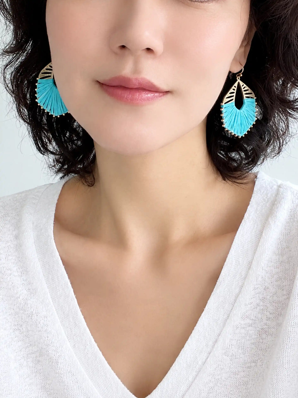 Turquoise raffia hexagon drop earrings with gold-tone textured metal frame