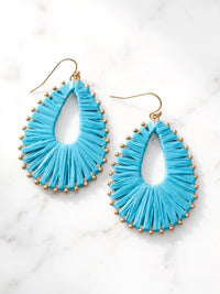 Colorful woven natural raffia teardrop drop earrings in turquoise, white and hot pink with gold-plated brass metal.