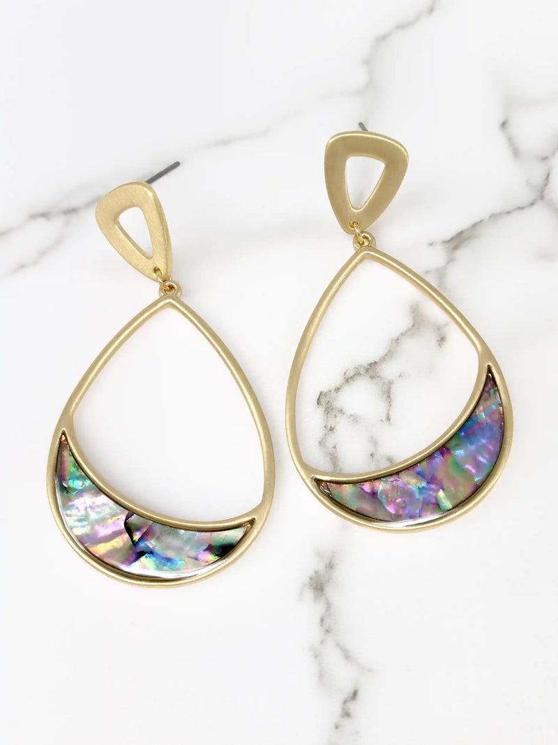 Natural abalone shell teardrop earrings with an iridescent finish, available in gold plated settings.
