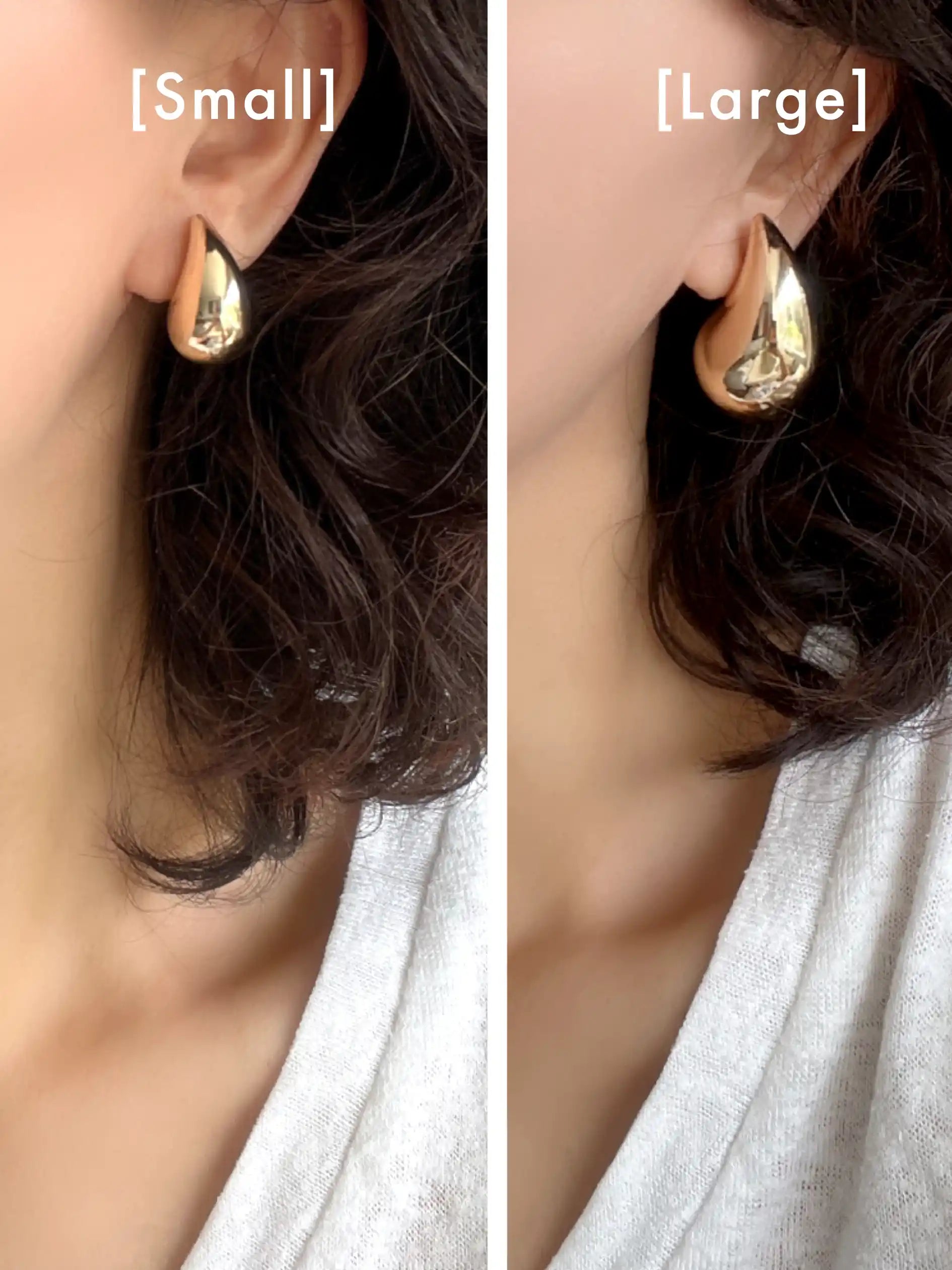 Side-by-side comparison of a gold teardrop-shaped hoop earring worn on a model's ear, labeled [Small] on the left and [Large] on the right.