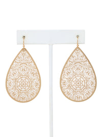 Gold teardrop earrings with intricate patterns on a white background
