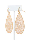 Gold teardrop earrings with intricate patterns on a white background.