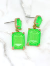 Neon green rectangle-shaped glass stone drop earrings with faceted detailing, set in gold-tone metal.