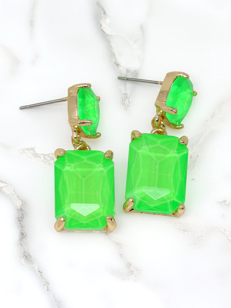 Neon green rectangle-shaped glass stone drop earrings with faceted detailing, set in gold-tone metal.