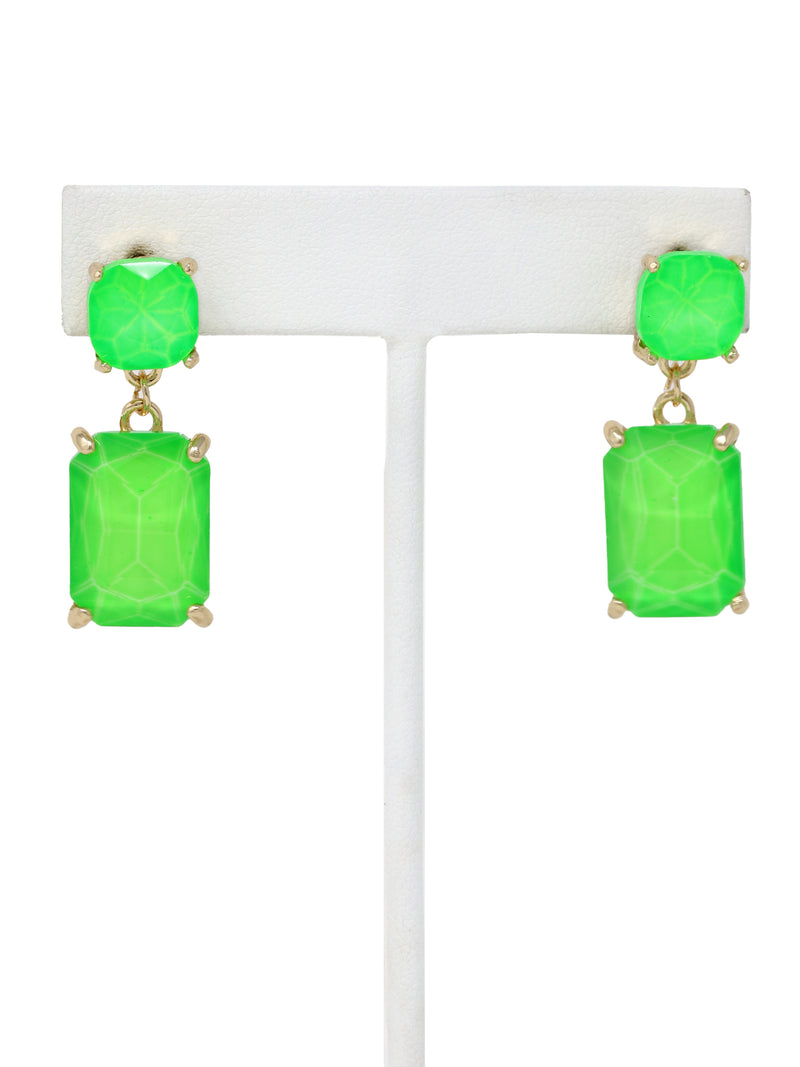 Neon green rectangle-shaped glass stone drop earrings with faceted detailing, set in gold-tone metal.