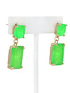 Neon green rectangle-shaped glass stone drop earrings with faceted detailing, set in gold-tone metal.